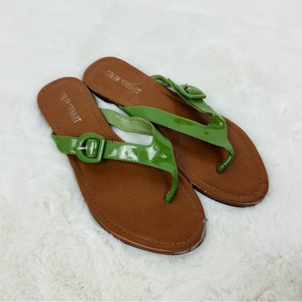 Colin Stuart Green and Brown Women's faux leather buckle Sandals size 10